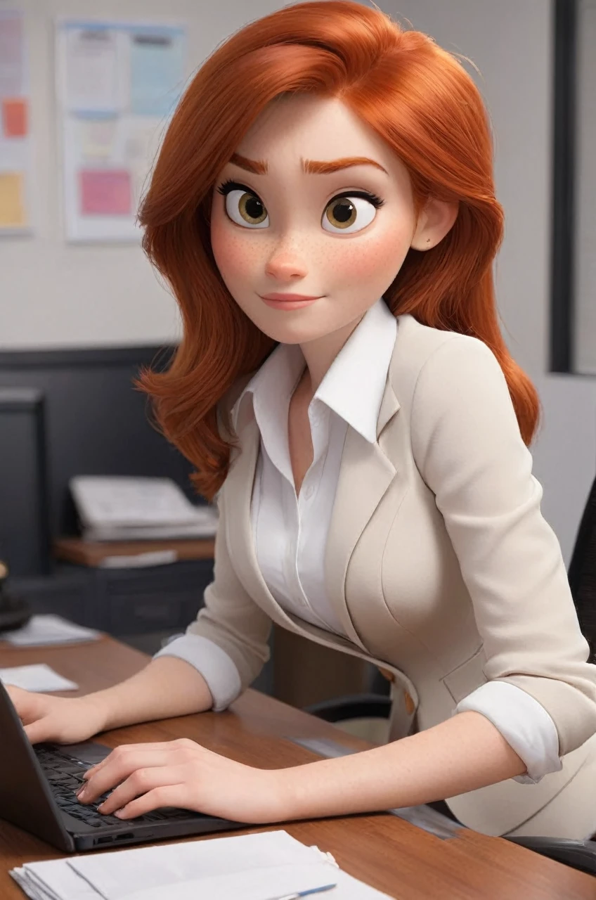 Disney Pixar style: 1.2) (adorable and cute girl: 1.15) (adult age 36: 1.15) redhead, straight hair, very thin blazer, huge breasts, cleavage, white shirt, in an office, (hands perfect: 1.1) (far extreme shot, full body, zoom out: 1.1) laptop