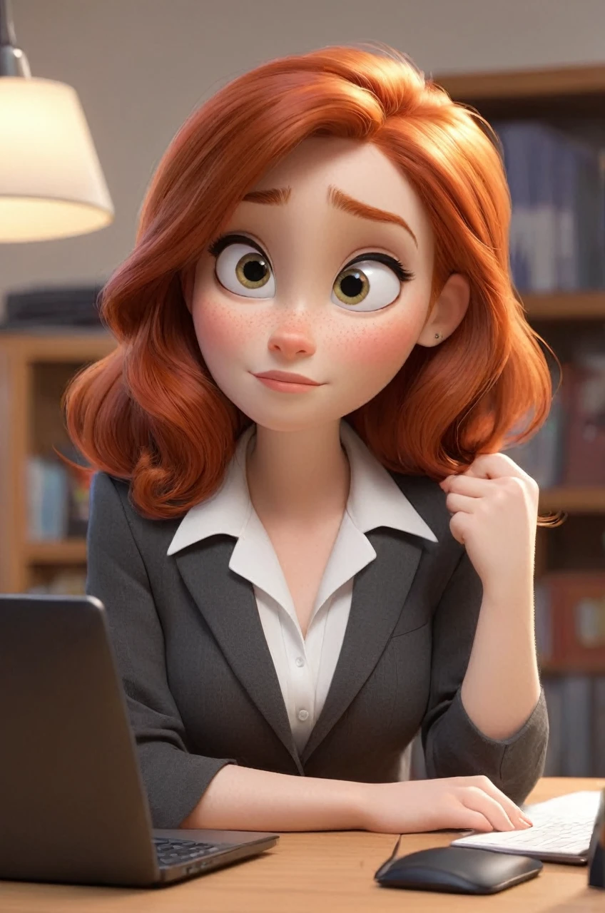 Disney Pixar style: 1.2) (adorable and cute girl: 1.15) (adult age 36: 1.15) redhead, straight hair, very thin blazer, huge breasts, cleavage, white shirt, in an office, (hands perfect: 1.1) (far extreme shot, full body, zoom out: 1.1) laptop