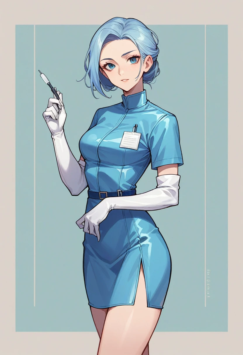 1girl, ((white elbow gloves)), ((surgical gloves)), ((latex gloves)), ((long sleeves)), ((blue surgeon outfit)), looking at viewer, ((blue doctor outfit)), standing, solo