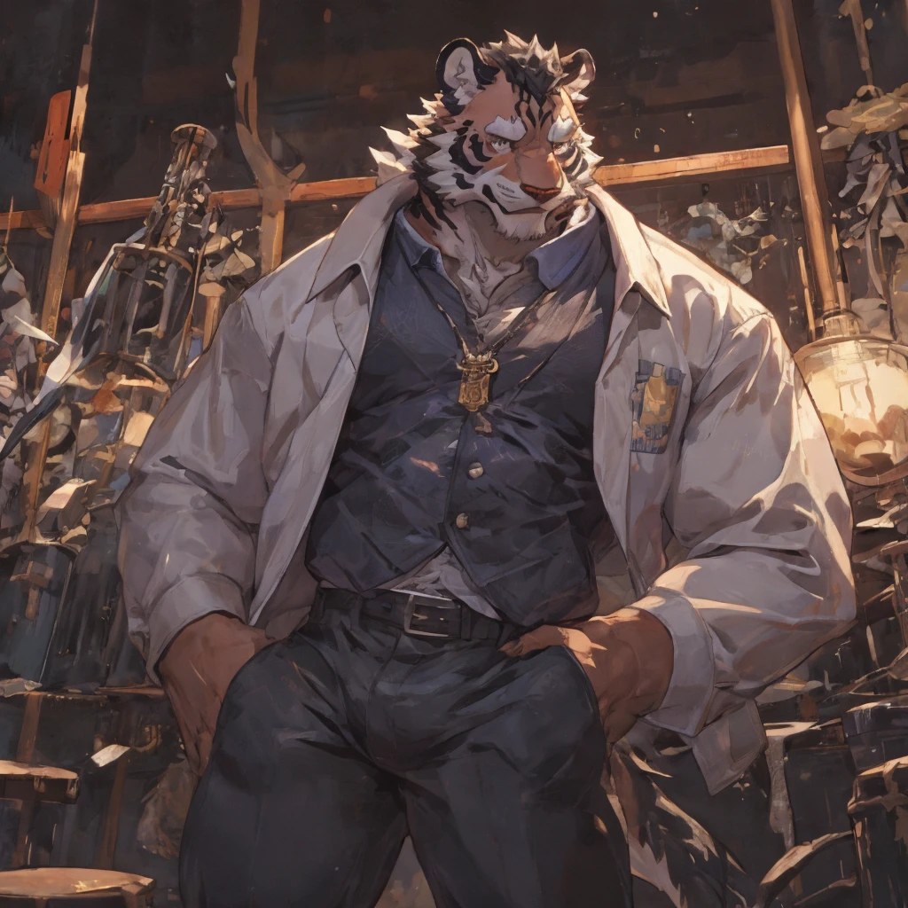 {{bara extremely handsome white tiger,}} {{white fur,}} white, wearing elegant ornate suit jacket, trousers, white dress shirt and necktie, white fluffy furry body and limbs, loafers, very tall, very broad shoulders, narrow waist, muscular arms, massive pecs, purple eyes, very long legs, massive bulge, sophisticated hot look, 3/4 view, best quality, high detail, CG image, character splash art, silver earring on left ear, sultry smirk