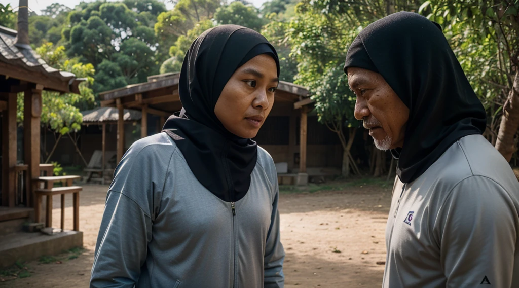 a film still of 1 malay girl in hijab and 1 malay old man in sport attire having an argument in malay village, 35mm, over-the-shoulder shot,cool-toned color grading, depth of field cinematography effect, Natural Lighting, high quality, ultra detail, 8k resolution, --ar 16:9 --seed X