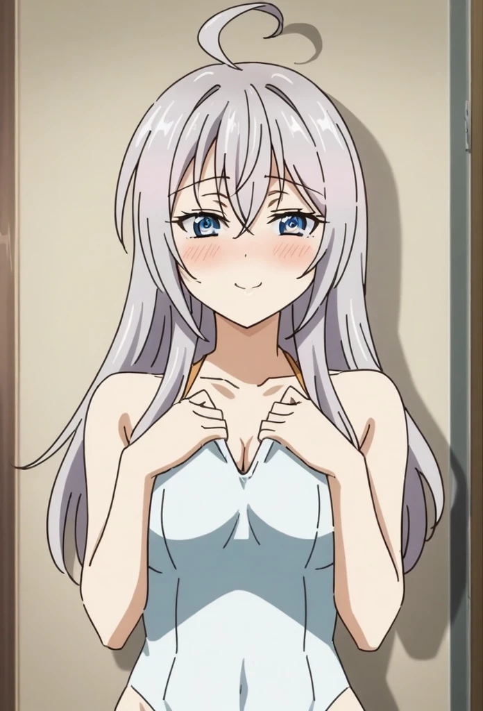(Anime art style:0.1), 2D, masterpiece, Highest quality, so beautiful, Absurd, Dynamic Shadows, Atmospheric, Arisa_Mikhailovna, (One Girl), (Grey Hair), Long Hair, blue eyes, fine grain, Ahoge, Hair between the eyes, bangs, Mid-chest, Curved body, Compensate, Intense blush, Swimwear, Mary Jane, Sexy smile, (Upper Body), Expose、Emphasize the chest