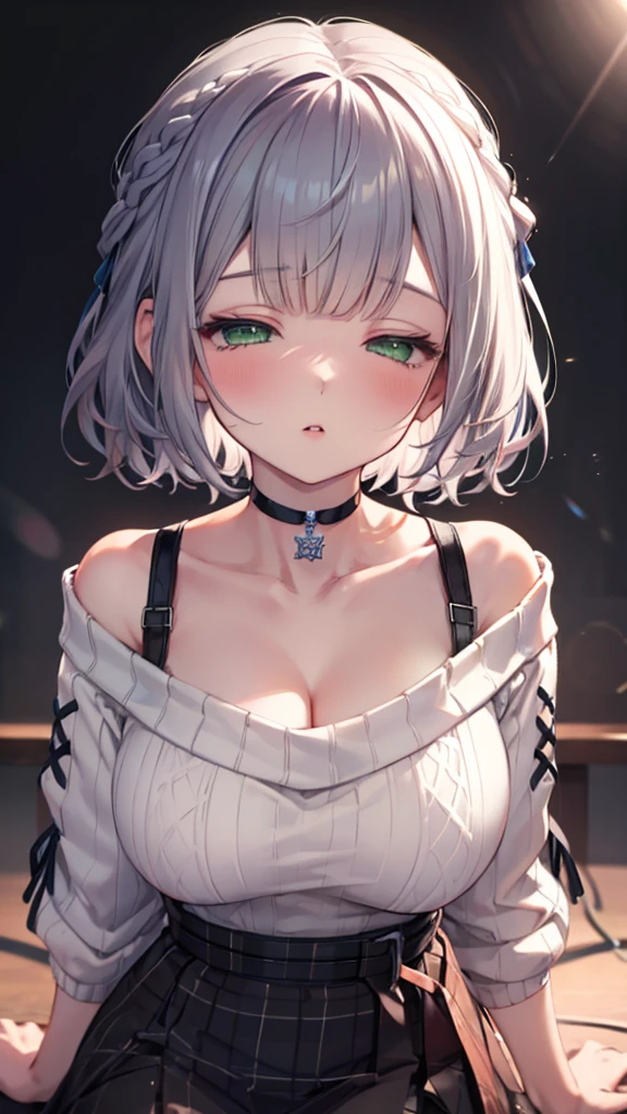 (best quality:1.2), (ultra detailed:1.2),(masterpiece:1.2),(8k:1.2),(ccnoel, short hair, french braid, hair ribbon, green eyes, black choker, collarbone, cleavage, off-shoulder sweater, white sweater, plaid skirt),(Blessed,Captivating body、Ultra-detailed skin、Very beautiful eyes、ultra-detailed face,Detailed Background),One Girl、(closed eyes,shy, incoming kiss)