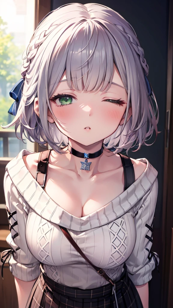 (best quality:1.2), (ultra detailed:1.2),(masterpiece:1.2),(8k:1.2),(ccnoel, short hair, french braid, hair ribbon, green eyes, black choker, collarbone, cleavage, off-shoulder sweater, white sweater, plaid skirt),(Blessed,Captivating body、Ultra-detailed skin、Very beautiful eyes、ultra-detailed face,Detailed Background),One Girl、(closed eyes,shy, incoming kiss)