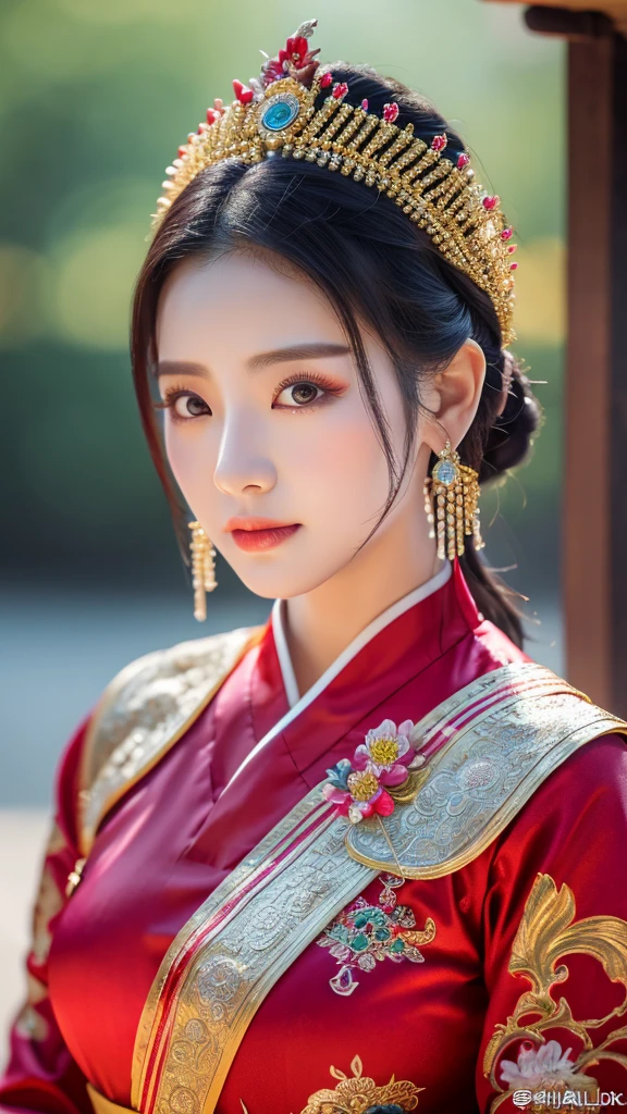 extreme close-up of beautiful beautiful korean female, 34 inch size, wearing Chinese opera dress, bokeh background, cinematic scene, UHD