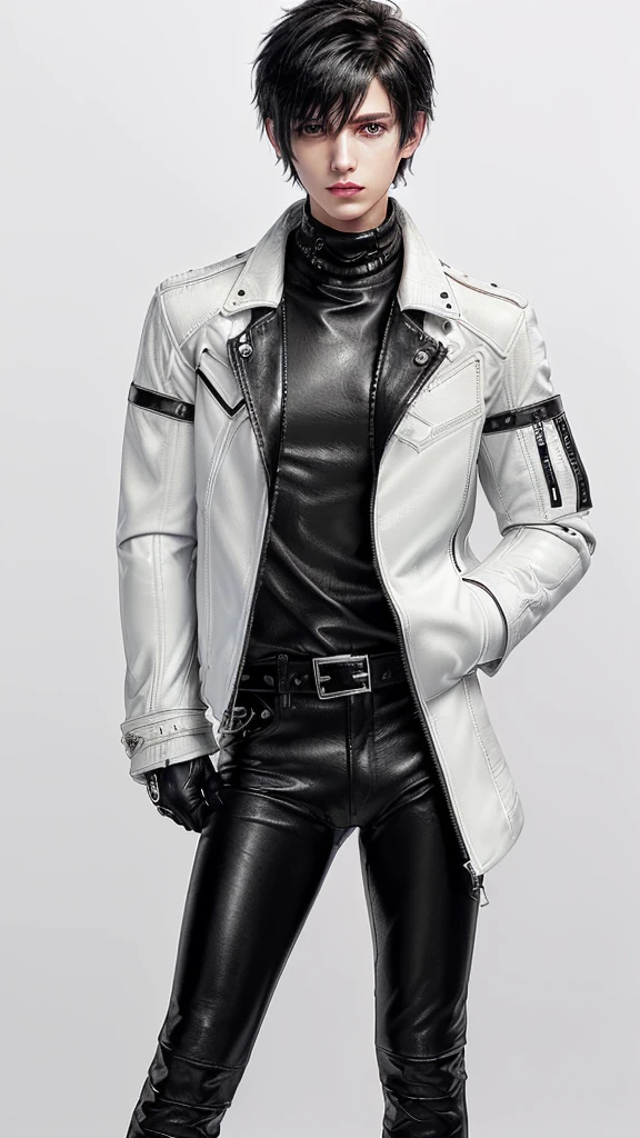 Final fantasy taste and reality graphics, ((Japanese young cute and cool ikemen boy)), his age is early 20s, thin eyebrows and beady eyes, ((he wearing off white color leather thick and heavy material jacket)), ((jacket is singlebrest)), ((biker style jacket)), ((jacket is large size)),((with epaulet)), ((jacket is long sleeve)), ((zipped front of the leather jacket)), , ((voluminous leather jacket)), ,((must jacket is high length and stand-up collar)) ((jacket collar with two belts)), ((jacket is a little black color line pattern)), ((also wearing black thick material turtleneck lackluster shirts)), ((tight black leather pants)), ((put black leather tight and thin glove on both hands)), ((black leather knee-high raceup boots)),((must views head-to-toe)),((must views whole body)), ,((Do not show skin from the neck down)),leather jacket leather glove and leather pants have few wrinkles, Avoid showing your innerwear,zip up jacket fastner.must put on a leather glove.
Boy is black hair.boy looks like fashion model.