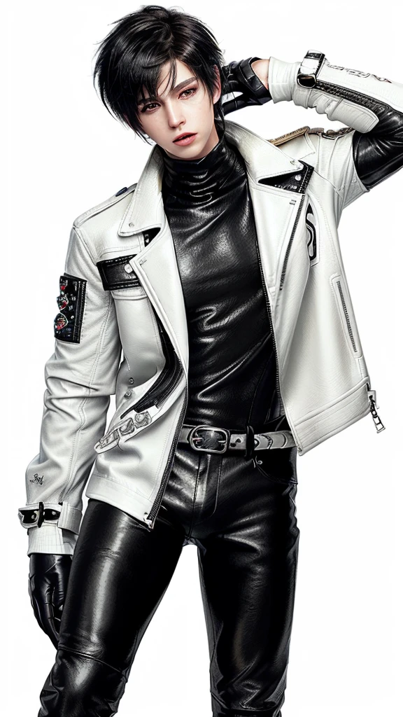Final fantasy taste and reality graphics, ((Japanese young cute and cool ikemen boy)), his age is early 20s, thin eyebrows and beady eyes, ((he wearing off white color leather thick and heavy material jacket)), ((jacket is singlebrest)), ((biker style jacket)), ((jacket is large size)),((with epaulet)), ((jacket is long sleeve)), ((zipped front of the leather jacket)), , ((voluminous leather jacket)), ,((must jacket is high length and stand-up collar)) ((jacket collar with two belts)), ((jacket is a little black color line pattern)), ((also wearing black thick material turtleneck lackluster shirts)), ((tight black leather pants)), ((put black leather tight and thin glove on both hands)), ((black leather knee-high raceup boots)),((must views head-to-toe)),((must views whole body)), ,((Do not show skin from the neck down)),leather jacket leather glove and leather pants have few wrinkles, Avoid showing your innerwear,zip up jacket fastner.must put on a leather glove.
Boy is black hair.boy looks like fashion model.