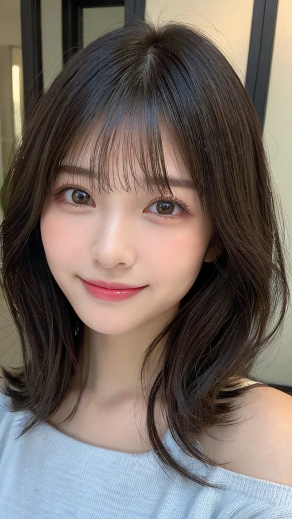 (Highest quality:1.3)、Natural color lips、Cute Smile、Japanese women、、Beautiful and exquisiteな顔、Perfect and beautiful face、Beautiful and exquisite、Big eyes、Brunette's eyes、Beautiful and exquisiteな顔、Perfect and beautiful double eyelids、Natural Bangs、Beautiful and thin nose、Beautiful Skin、Black natural hair、Long Hair、Natural Bangs、Perfect and beautiful face、Slim face and figure、、Shoulder-length layers、Asymmetrical bangs、Japanese Idols