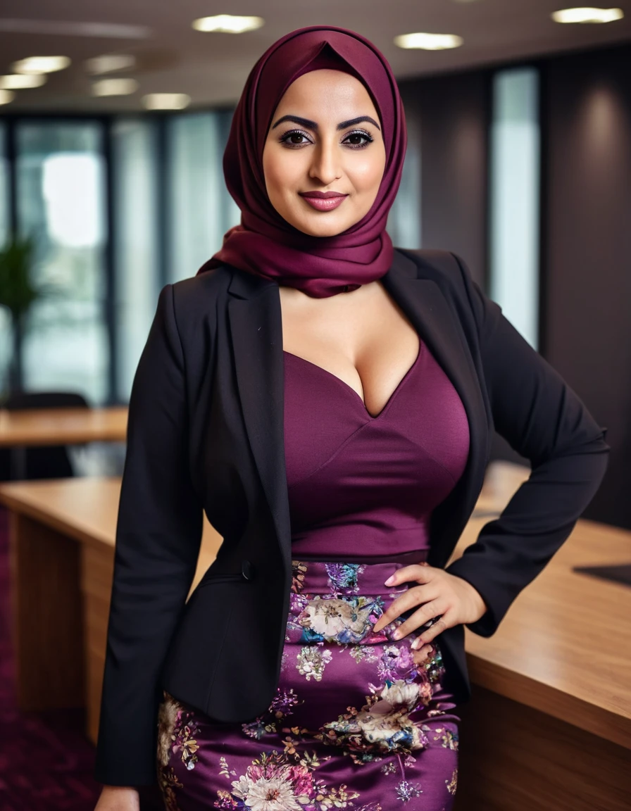 Fair and beautiful ,stunning ,curvy 40 year old Arab Muslim woman wearing a brown hijab and black office coat and dark plum office top with floral emboidry and maroon mini skirt showing deep cleavage big breas,ts low neckline in depth of field office interior background , full body shot , instagram profice picture, professional