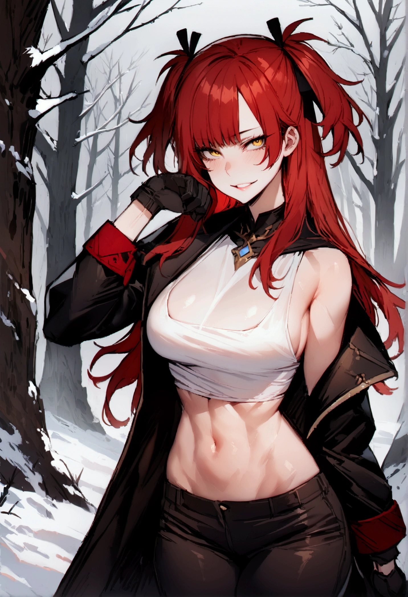 masterpiece, best quality 1girl, solo, beautiful woman, messy bangs, red hair, long hair, hair two side up by black bows , yellow eyes, grin, large breasts, toned stomach, white tank top, long black coat, figureless black gloves, pants, fantasy looking at viewer. snowy woods background