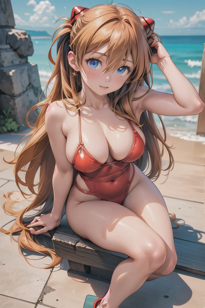 ((Smooth texture:0.75, Realistic texture:0.65, Realistic:1.1, Anime CG style)), Thick outline, (La Highest quality,High resolution,Very detailed,Actual), Absurd, (Highest quality), (masterpiece),(Very detailed:1.2), (High resolution), (masterpiece, Highest quality), One Girl, cute, Big Breasts, Dynamic Background,Beautiful Face, Beautiful body, Canglong_Asuka_Langley, Interface Headset, Hair between the eyes, naked, ((Ocean:1.2)), From the knee up, Raise your arms above your head
