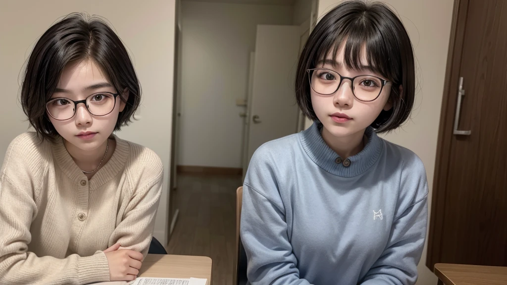 person, korean, high school student, , female, short cut, round glasses, intelligent image