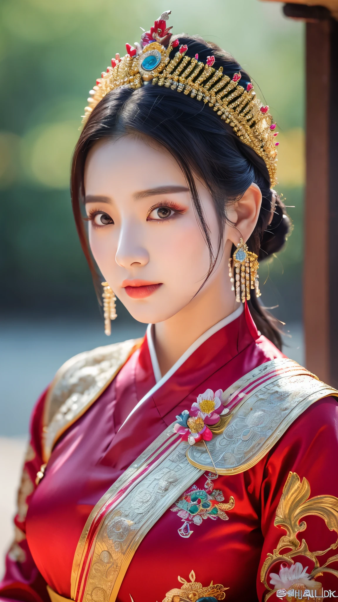 extreme close-up of beautiful beautiful korean female, 34 inch breasts size, wearing Chinese opera dress,  bokeh background, cinematic scene, UHD 