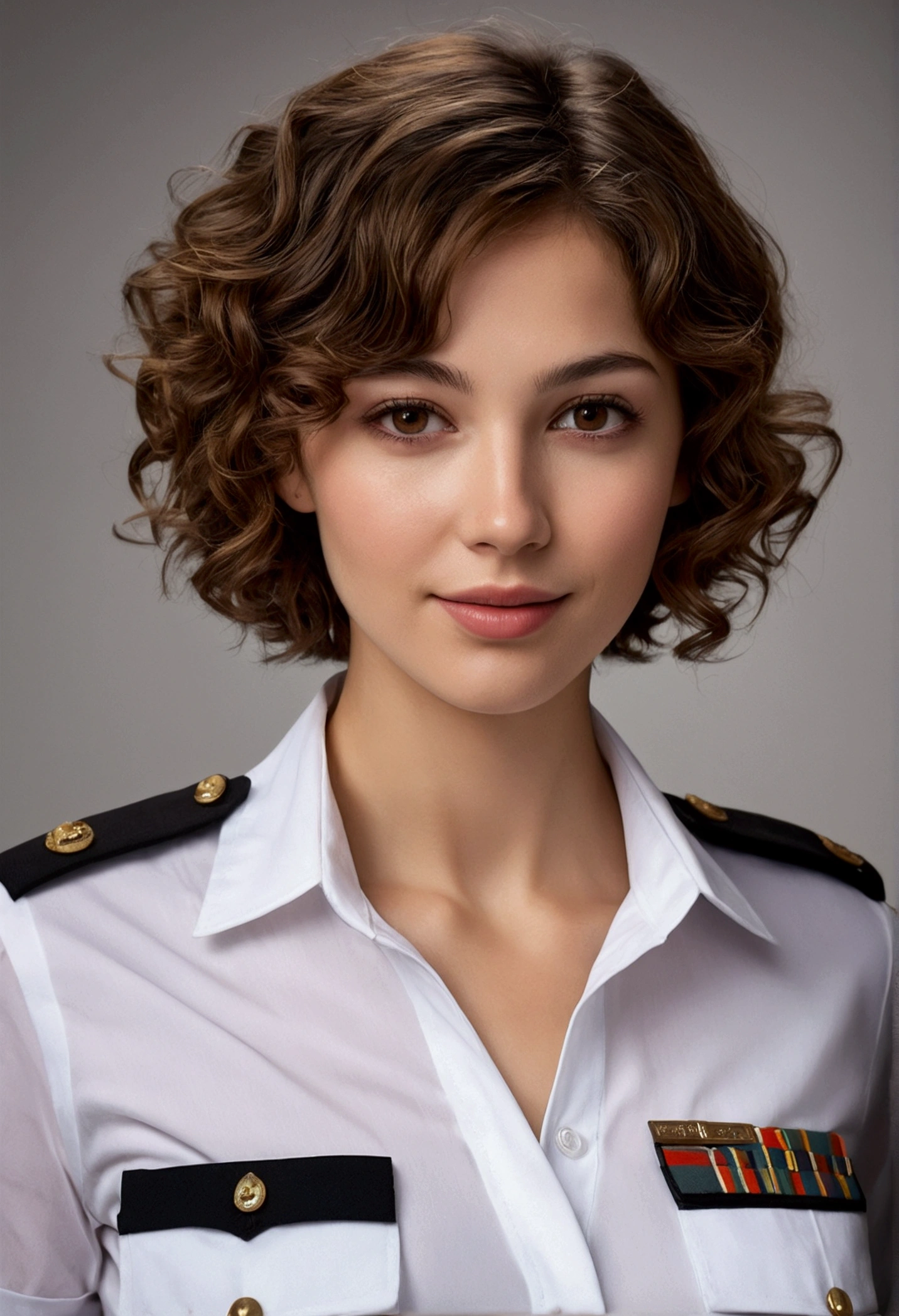 Breathtaking cinematic photo of a 30 year old girl with brown hair and brown eyes, upper body visible, happy, cheerful expression, closed mouth, beautiful lips, intricate details, shallow depth of field, highly detailed, high budget, epic Hollywood film, gorgeous, masterpiece, award-winning, professional, highly detailed, detailed skin texture, (blush: 0.5), (goosebumps: 0.5). (the most beautiful woman in the world) (brown hair) (short curly hair, wild hair, stylish cut) thin face, thin nose, beautiful, very beautiful, perfect face, slender body (slender), (brown hair) (brown eyes ) (white skin) Beautiful body, western face, predatory eyes, pink lips, thick thighs. full body, western beauty, thin nose, beautiful, perfect, ((best quality)), ((ultra resolution)), ((photorealistic: 1.4)), (intricate details), perfect face, makeup: 1.5 , clear face, facial details, white see through tshirt, nipples partially visible behind the tshirt. front view ((uniform, tactical costume, agent costume, spy))