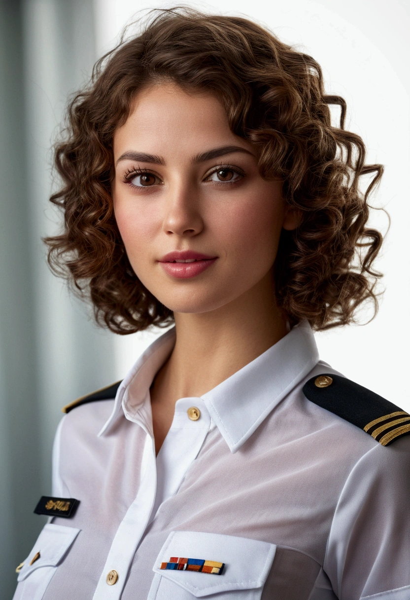 Breathtaking cinematic photo of a 30 year old girl with brown hair and brown eyes, upper body visible, happy, cheerful expression, closed mouth, beautiful lips, intricate details, shallow depth of field, highly detailed, high budget, epic Hollywood film, gorgeous, masterpiece, award-winning, professional, highly detailed, detailed skin texture, (blush: 0.5), (goosebumps: 0.5). (the most beautiful woman in the world) (brown hair) (short curly hair, wild hair, stylish cut) thin face, thin nose, beautiful, very beautiful, perfect face, slender body (slender), (brown hair) (brown eyes ) (white skin) Beautiful body, western face, predatory eyes, pink lips, thick thighs. full body, western beauty, thin nose, beautiful, perfect, ((best quality)), ((ultra resolution)), ((photorealistic: 1.4)), (intricate details), perfect face, makeup: 1.5 , clear face, facial details, white see through tshirt, nipples partially visible behind the tshirt. front view ((uniform, tactical costume, agent costume, spy))