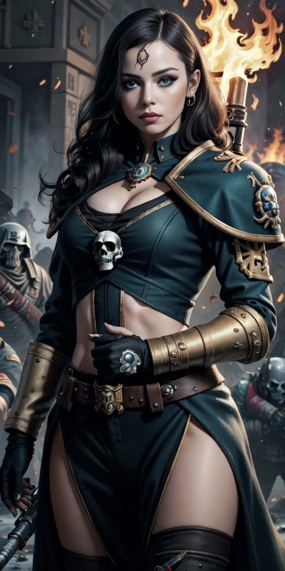(masterpiece:1.2), (Best Quality:1.2), Perfect eyes, perfect face, perfect lighting, 1 girl, Sororitas mature whore with bolt pistol in hands, scar over one eye, eye patch, by white, skulls on the ground, Warhammer 40K, chaos, fire, Science fiction, Detailed battlefield background