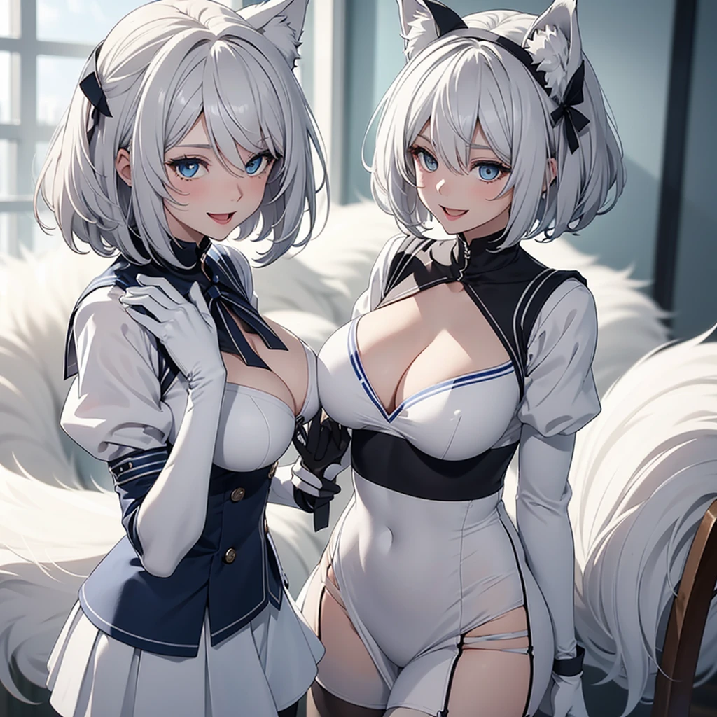 Tabletop high resolution Best image quality 8k Seductive Adult female Portraiture White long gloves(Elbow Gloves) Pure white pantyhose Sailor suit(No sleeve) mini skirt White wolf ears short hair((Shortcuts)(Gray Hair)(Perm)(fluffy)) Eye color is blue Fascinating face((Laughter)(smile)(Open your mouth)(open top clothing) (large breast's) (holding her breast's)