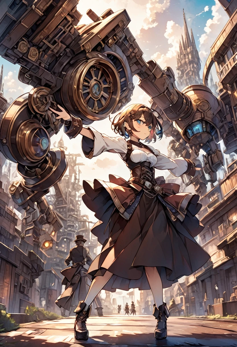 steampunk、Girl、Rin々has a nice face、Short Hair、Wearing vivid colors、The background is a mechanical city、Doing dynamic poses