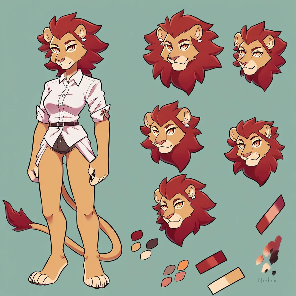 cell shading, detailed eyes, Best Quality, Very detailed, masterpiece, Best Quality, adoptable character, full body commission, solitary woman, reference sheet, character design, reference sheet, lion furry antropomorfico conropa griga fortachon engreido.