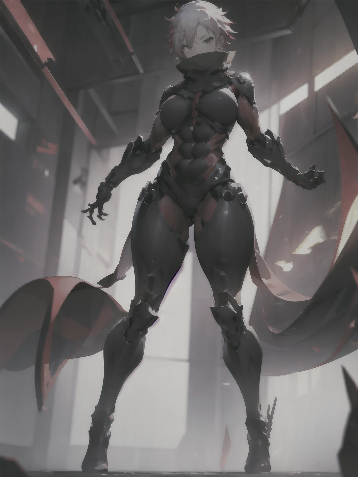 Amily_Dystopia_Enforcer, (1girl:1.4), solo, short hair, red hair, white hair, hair over one eye, multicolored hair, scar on face, (red eyes:1.4), lips, closed mouth, blush, breasts, (medium breasts:1.6), armor, power armor, bodysuit, robot, cyborg, robot joints, mechanical arms, gloves, ((large hips)), ass, mechanical legs, boots, high heels, science fiction, muscular female