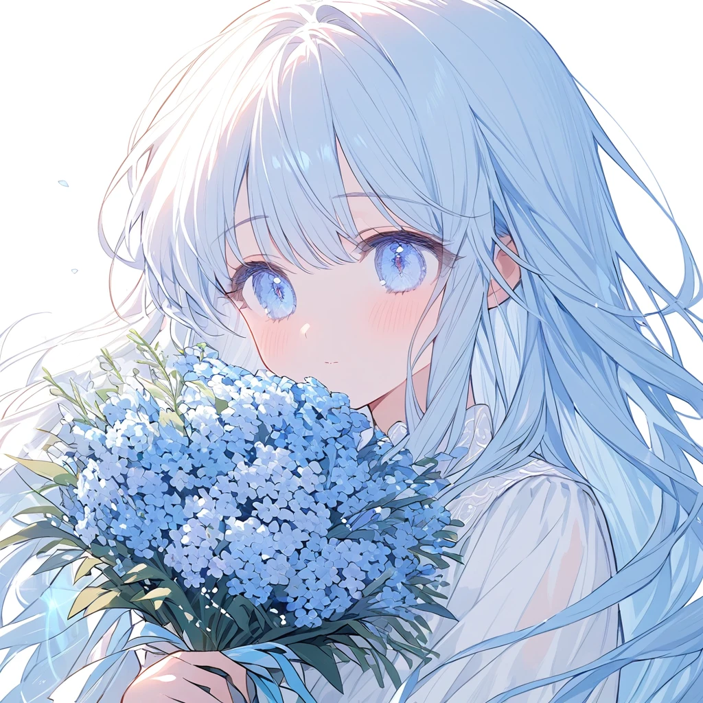 Soft lines、girl、light blue、((((hold light blue Bouquet))))、💐💐💐💐💐💐💐💐💐💐💐、Upper Body、Long Hair、White dress、White background、front