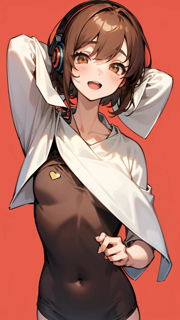 One girl, Brown Hair, Medium Hair, Bob Hair, Textured skin, chest, Open your mouth, Bright Eyes, happiness/joy, chest囲図, Simple Background, Headphones worn behind the head, Anime Style, 