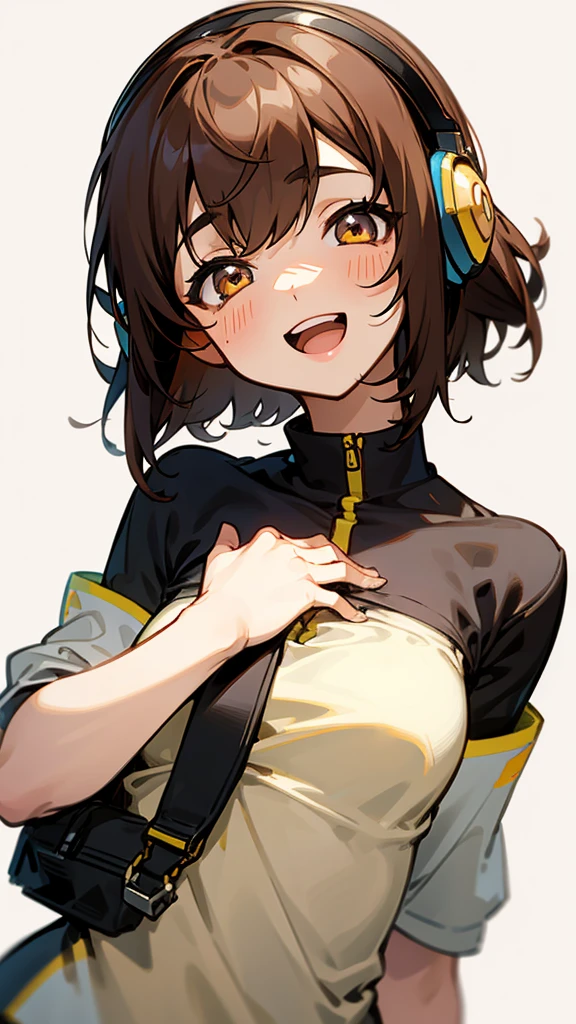 One girl, Brown Hair, Medium Hair, Bob Hair, Textured skin, chest, Open your mouth, Bright Eyes, happiness/joy, chest囲図, Simple Background, Headphones worn behind the head, Anime Style,