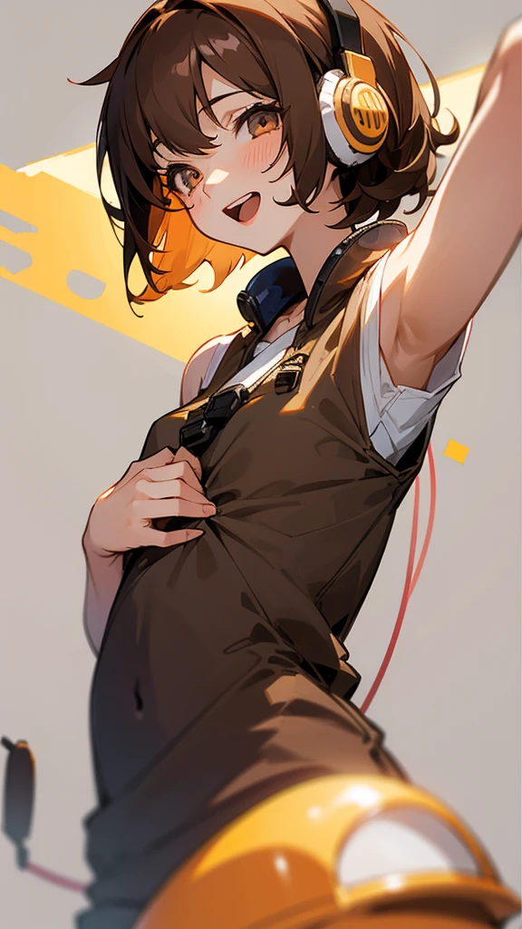 One girl, Brown Hair, Medium Hair, Bob Hair, Textured skin, chest, Open your mouth, Bright Eyes, happiness/joy, chest囲図, Simple Background, Headphones worn behind the head, Anime Style,