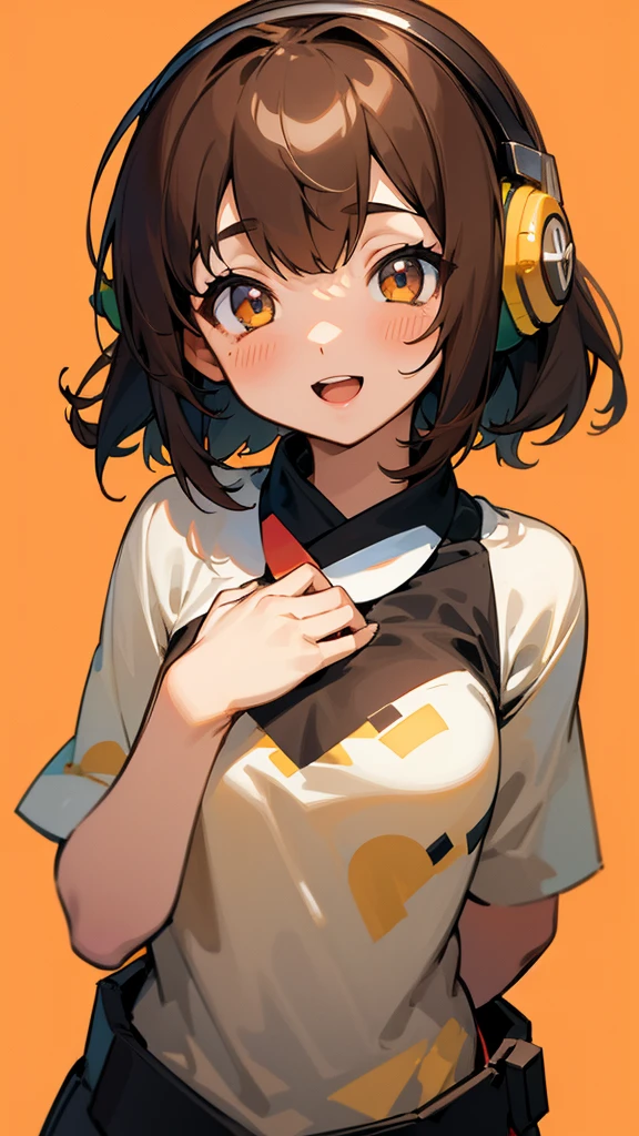 One girl, Brown Hair, Medium Hair, Bob Hair, Textured skin, chest, Open your mouth, Bright Eyes, happiness/joy, chest囲図, Simple Background, Headphones worn behind the head, Anime Style,