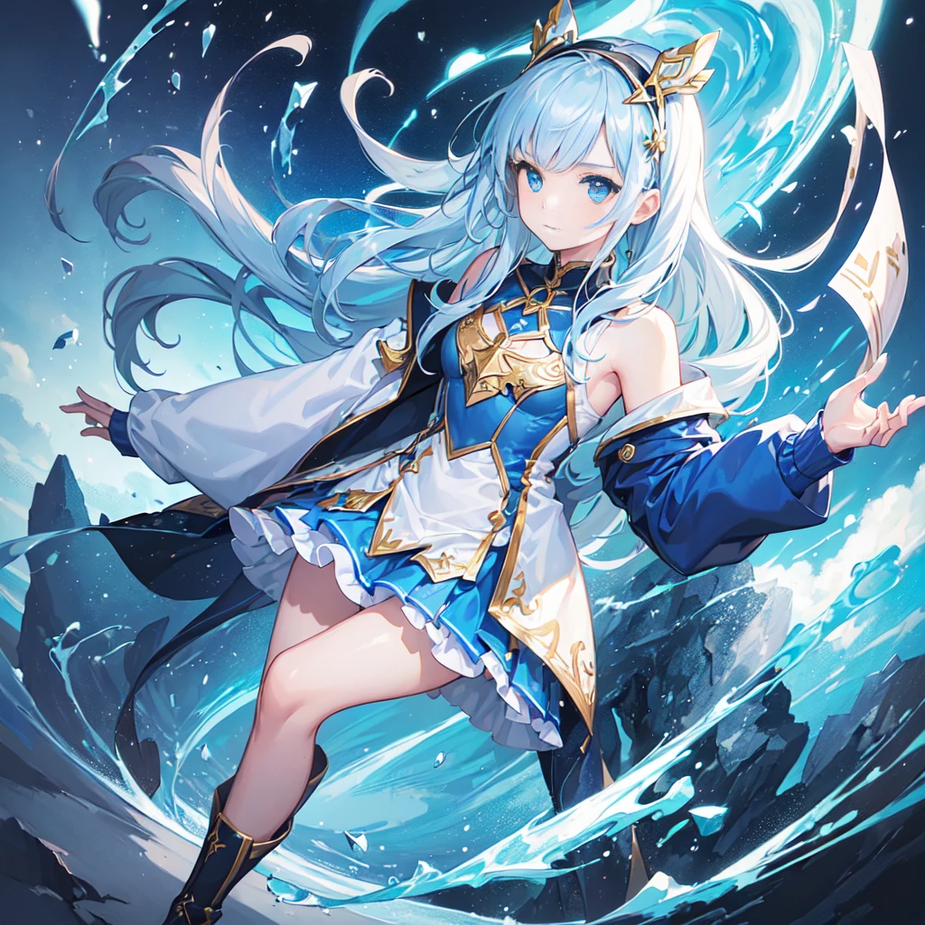 (One Girl,Front facing,Standing,Delicate facial expression:1.6), (anime,8k,masterpiece, Highest quality, Highest quality,beautifully,aesthetic:1.2,Professional illustrations:1.2,Super detailed:1.3), Very detailed, Most detailed, Brilliant, High resolution, Super detaileded, Very exquisite beautiful face and eyes, Emphasize the chest,A wizard-style tunic in blue and white.,A blue mini skirt following the jacket,tights,head band,Wristband,boots,breastplate