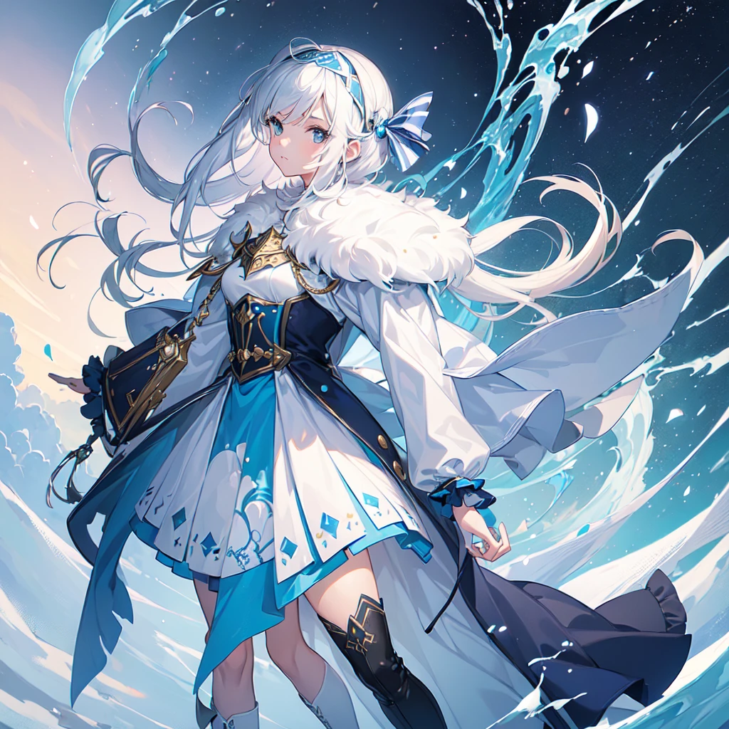 (One Girl,Front facing,Standing,Delicate facial expression:1.6), (anime,8k,masterpiece, Highest quality, Highest quality,beautifully,aesthetic:1.2,Professional illustrations:1.2,Super detailed:1.3), Very detailed, Most detailed, Brilliant, High resolution, Super detaileded, Very exquisite beautiful face and eyes, Emphasize the chest,A wizard-style tunic in blue and white.,A blue mini skirt following the jacket,tights,head band,Wristband,boots,breastplate