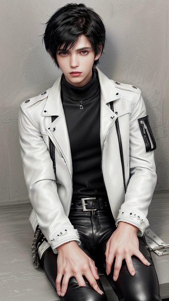 Final fantasy taste and reality graphics, ((Japanese young cute and cool ikemen boy)), his age is early 20s, thin eyebrows and beady eyes, ((he wearing off white color leather thick and heavy material jacket)), ((jacket is singlebrest)), ((biker style jacket)), ((jacket is large size)),((with epaulet)), ((jacket is long sleeve)), ((zipped front of the leather jacket)), , ((voluminous leather jacket)), ,((must jacket is high length and stand-up collar)) ((jacket collar with two belts)), ((jacket is a little black color line pattern)), ((also wearing black thick material turtleneck lackluster shirts)), ((tight black leather pants)), ((put black leather tight and thin glove on both hands)), ((black leather knee-high raceup boots)),((must views head-to-toe)),((must views whole body)), ,((Do not show skin from the neck down)),leather jacket leather glove and leather pants have few wrinkles, Avoid showing your innerwear,zip up jacket fastner.must put on a leather glove.
Boy is black hair.boy looks like fashion model.
