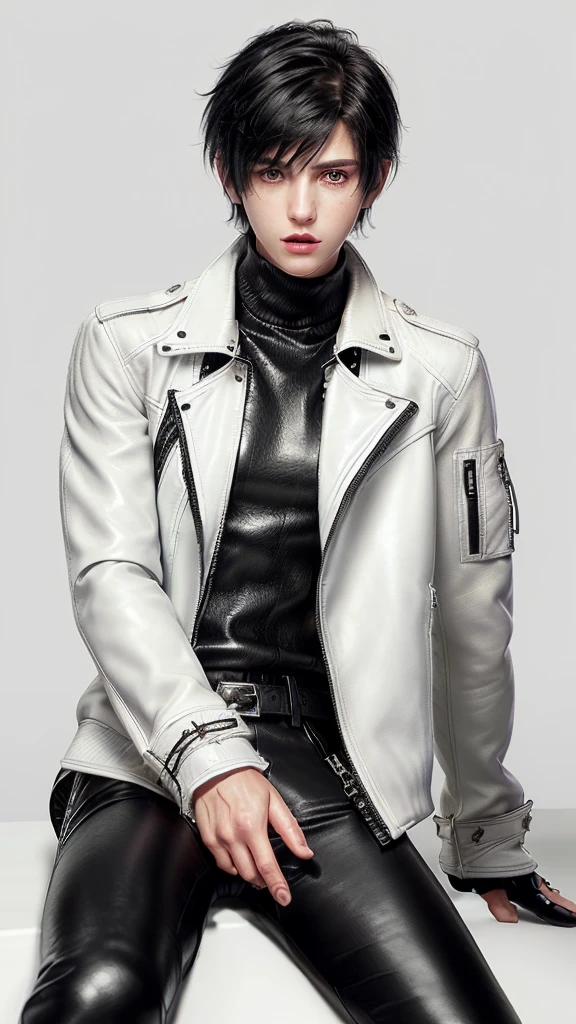 Final fantasy taste and reality graphics, ((Japanese young cute and cool ikemen  boy)), his age is early 20s, thin eyebrows and beady eyes,  ((he wearing off white color leather  thick and heavy material jacket)), ((jacket is singlebrest)), ((biker style jacket)), ((jacket is large size)),((with epaulet)), ((jacket is long sleeve)), ((zipped front of the leather jacket)), , ((voluminous leather jacket)), ,((must jacket is high length and stand-up collar)) ((jacket collar with two belts)), ((jacket is a little black color line pattern)), ((also wearing black thick material turtleneck lackluster shirts)),  ((tight black leather pants)),  ((put black leather tight and thin glove on both hands)), ((black leather knee-high raceup boots)),((must views  head-to-toe)),((must views whole body)), ,((Do not show skin from the neck down)),leather jacket leather glove and leather pants have few wrinkles, Avoid showing your innerwear,zip up jacket fastner.must put on a leather glove.
Boy is black hair.boy looks like fashion model.
