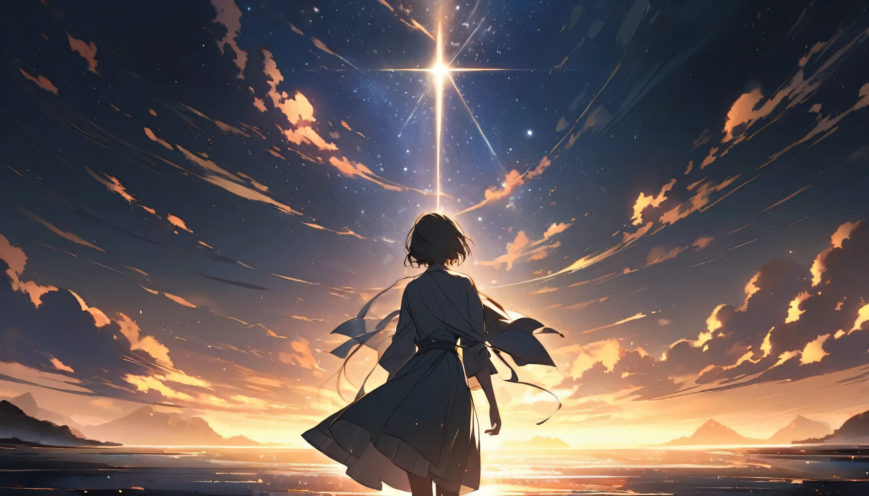 An emotional and evocative anime-style image capturing a scene from the song's lyrics. A young person stands alone under a starry sky, reaching out towards a distant light, symbolizing hope and guidance. The background is a blend of night transitioning into dawn, with the first rays of sunlight piercing through the darkness, reflecting the song's theme of overcoming loneliness and despair with the promise of a new beginning. The character's expression is one of determination and longing, as they stretch their hand towards the light, which represents "you" or the source of hope in the lyrics. The scene is set in a vast, open landscape that echoes the feelings of isolation and the vastness of the world mentioned in the song. The atmosphere is one of quiet resilience, filled with stars and a soft glow on the horizon, suggesting the arrival of a new day filled with possibilities.