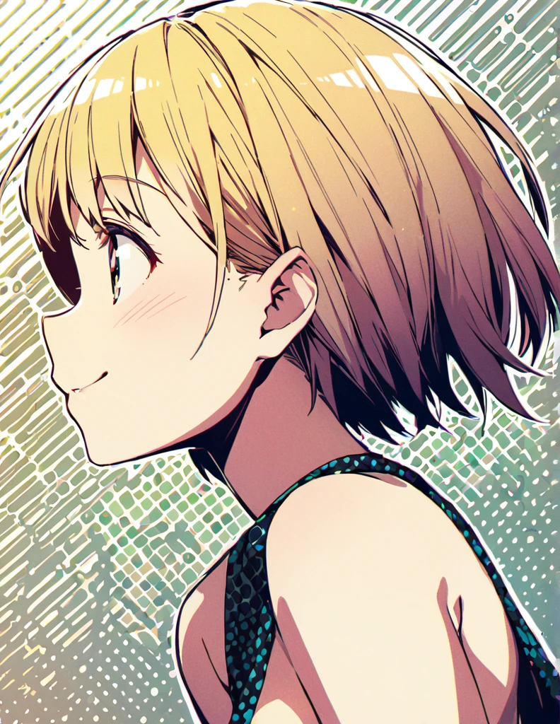 Profile of a cheerful blonde short-haired girl, side boob 　Screentone processing　Shading　