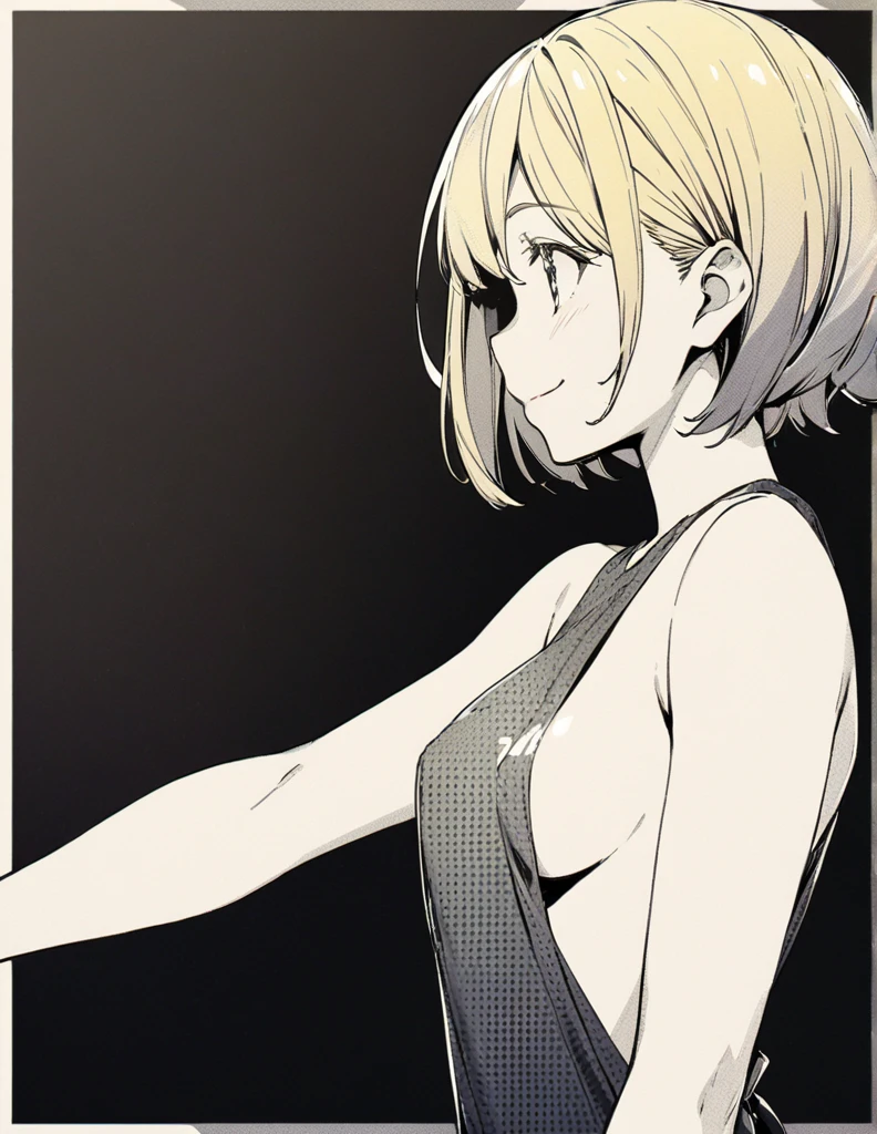 Profile of a cheerful blonde short-haired girl, side boob exposed Screentone processing Shading