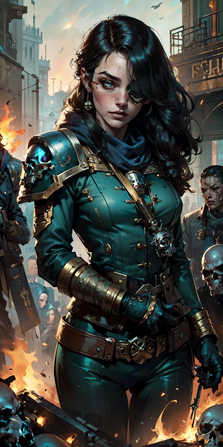 (masterpiece:1.2), (Best Quality:1.2), Perfect eyes, perfect face, perfect lighting, 1 girl, Sororitas mature whore with bolt pistol in hands, scar over one eye, eye patch, by white, skulls on the ground, Warhammer 40K, chaos, fire, Science fiction, Detailed battlefield background