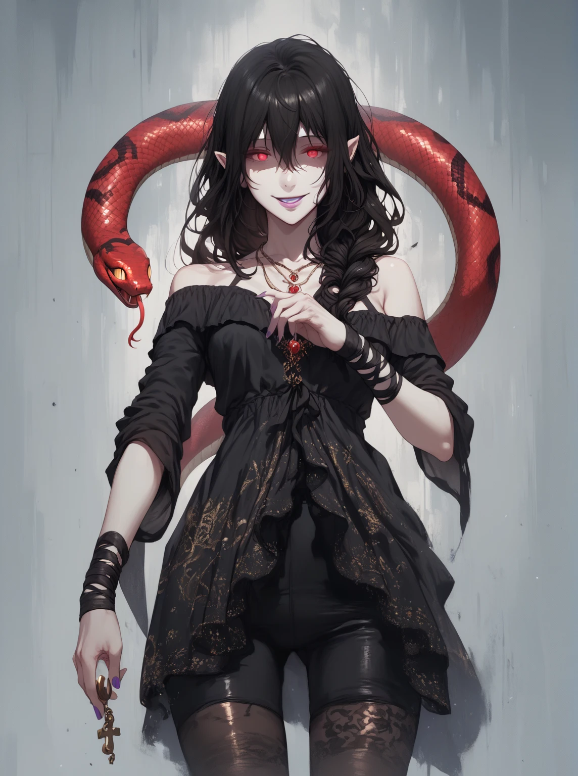 (hews art style:0.7), (asura art style:0.7), score_9, score_8_up, score_7_up, score_6_up, score_5_up, score_4_up, uncensored, black hair, red eyes, purple lipstick, hair between eyes, long hair, short pointy ears, pale skin, BREAK (masterpiece:1.2), best quality, high resolution, (detailed eyes:1.3), perfect lighting, (perfect hands, perfect anatomy), abandoned building, dark room, 1girl, solo, snake, jewelry, smirk, key, bare shoulders, necklace, off shoulder, upper teeth only, shaded face, hollow eyes, glow effect, bokeh, 