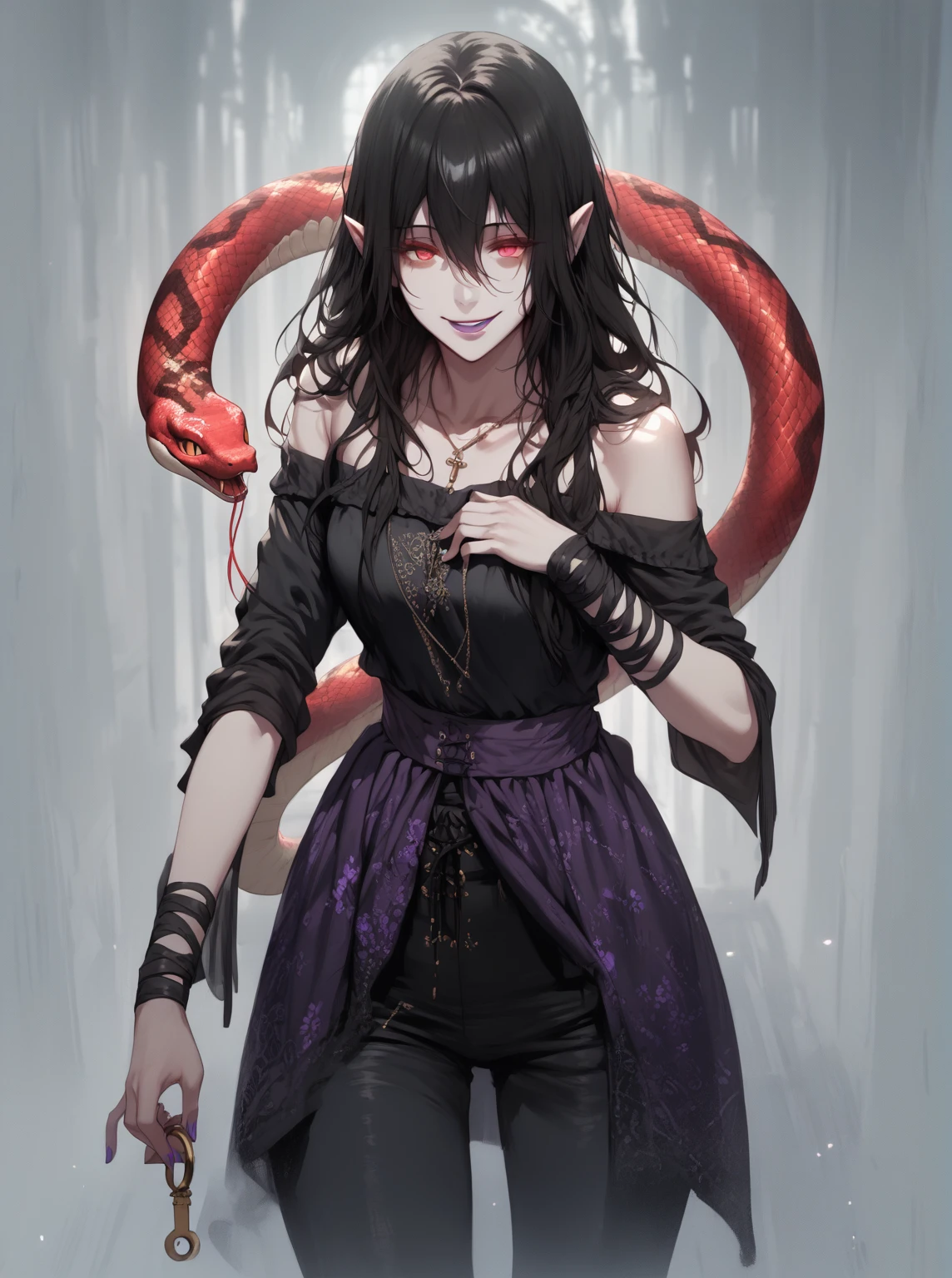 (hews art style:0.7), (asura art style:0.7), score_9, score_8_up, score_7_up, score_6_up, score_5_up, score_4_up, uncensored, black hair, red eyes, purple lipstick, hair between eyes, long hair, short pointy ears, pale skin, BREAK (masterpiece:1.2), best quality, high resolution, (detailed eyes:1.3), perfect lighting, (perfect hands, perfect anatomy), abandoned building, dark room, 1girl, solo, snake, jewelry, smirk, key, bare shoulders, necklace, off shoulder, upper teeth only, shaded face, hollow eyes, glow effect, bokeh,