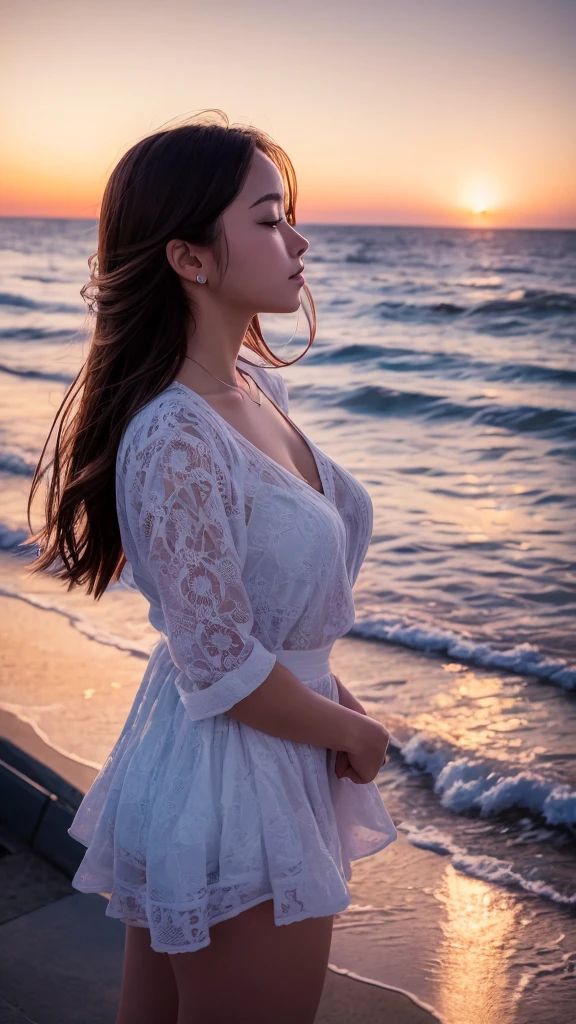 ((最high quality)), Like a photograph,high quality, 8k resolution",Beautiful 19 year old girl,summer,The girl sways beautifully in the sea breeze、graceful hair,Sad crying profile,Ocean view，night，Coastal Cafe,firework，Elegant fashion