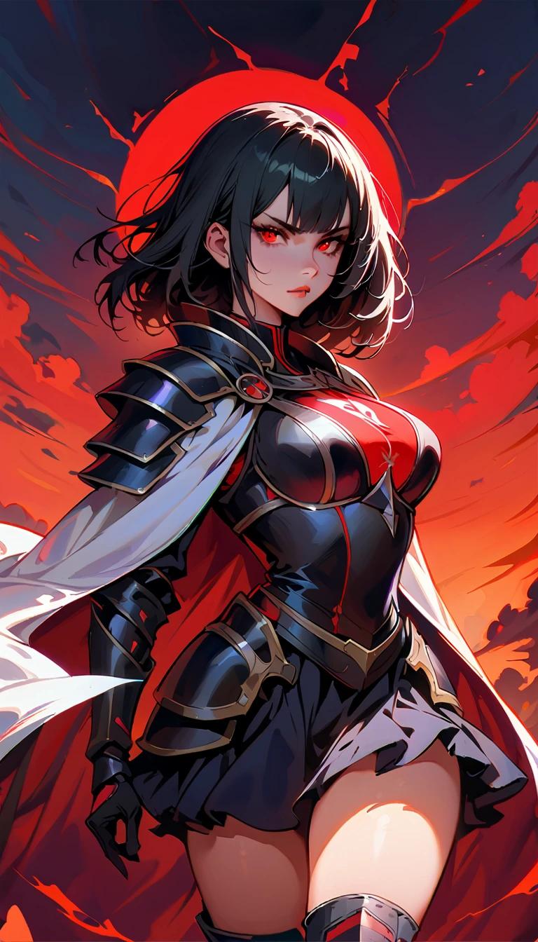 (high quality, 8k, 4K, high contrast, artwork:1.2, high quality, best aesthetics), (centered), ((1 woman)), erotic, sensual, mature body, super detailed, beautiful face detailed, beautiful eyes detailed, detailed beautiful mouth, perfect breats, perfect wide thighs, (black hair), (short black hair), (messy black hair), (red eyes glowing), (serious expression), (black medieval armor), (shoulder pads), (long white cape), (ruffled black skirt), (standing), (looking at the viewer), (piercing gaze), (red sun in the background), (red lighting)