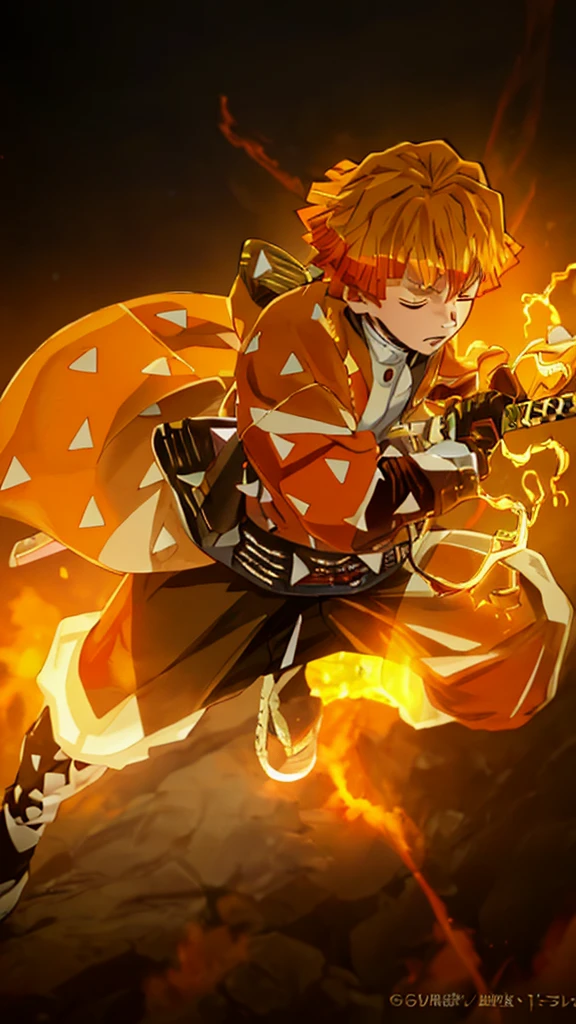 Zenitsu Agatsuma, orange-haired anime boy from the world of Demon Slayer, stands in the midst of a blazing inferno. He is wearing a vibrant yellow jacket and stylish black pants, completing his eye-catching outfit. With his intensively detailed face, Zenitsu's closed eyes radiate a sense of tranquility. In his hand, he tightly grips a sleek katana, ready to unleash his lightning-fast attacks. The atmosphere is filled with a vivid orange color palette, enhancing the intensity of the scene. The lighting gracefully illuminates Zenitsu's figure, casting shadows that add depth and realism to the overall composition. This prompt guarantees the best quality output, ensuring ultra-detailed and realistic results. The artwork will showcase Zenitsu's unique anime-inspired style, stunning viewers with its remarkable level of detail and fine painting.