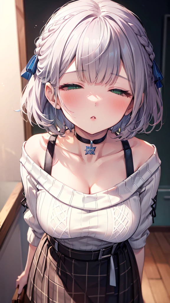 (best quality:1.2), (ultra detailed:1.2),(masterpiece:1.2),(8k:1.2),(ccnoel, short hair, french braid, hair ribbon, green eyes, black choker, collarbone, cleavage, off-shoulder sweater, white sweater, plaid skirt),(Blessed,Captivating body、Ultra-detailed skin、Very beautiful eyes、ultra-detailed face,Detailed Background),One Girl、(closed eyes,shy, incoming kiss:1.5)