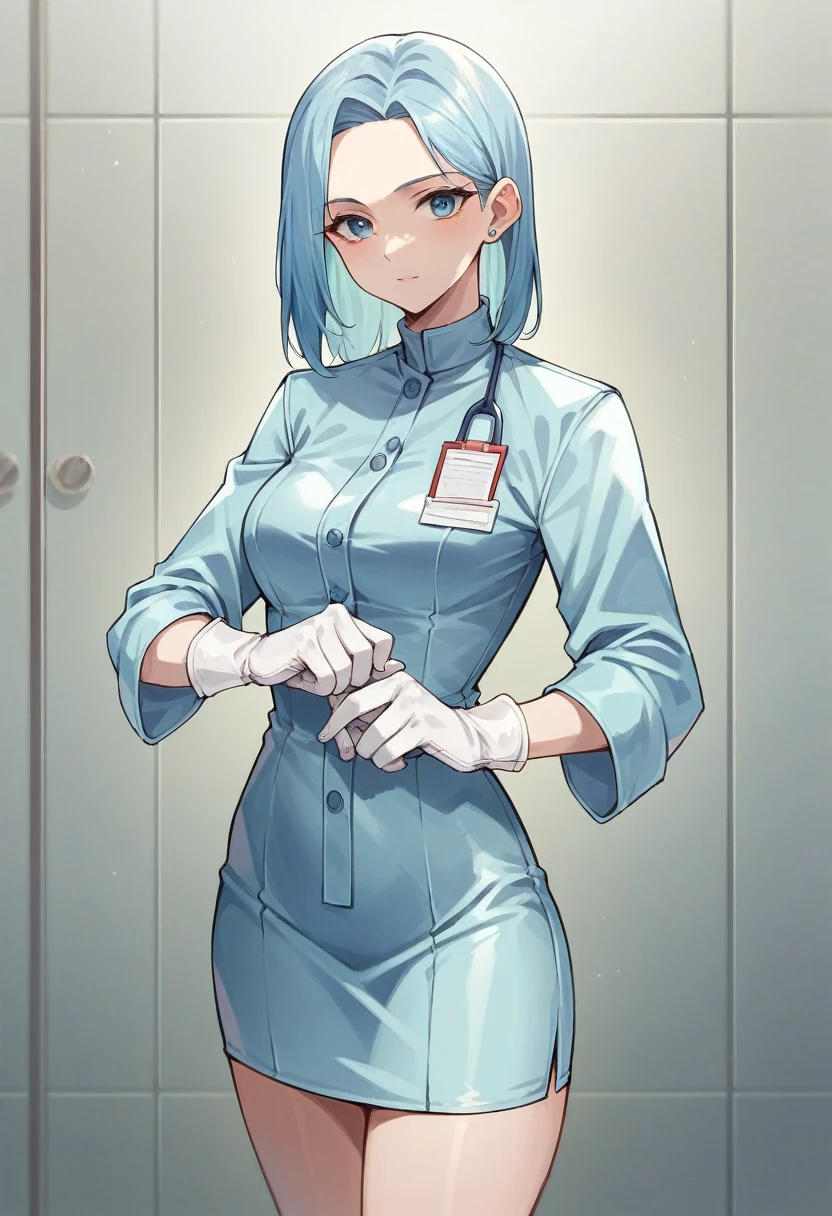 1girl, ((white gloves)), ((surgical gloves)), ((latex gloves)), ((long sleeves)), ((light blue surgeon outfit)), looking at viewer, ((light blue doctor outfit)), standing, solo