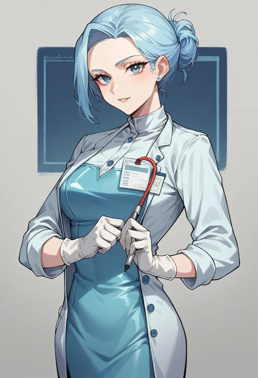1girl, ((white gloves)), ((surgical gloves)), ((latex gloves)), ((long sleeves)), ((light blue surgeon outfit)), looking at viewer, ((light blue doctor outfit)), standing, solo