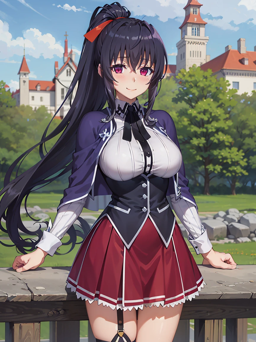 best quality, masterpiece, detailed,
HimejimaAkeno, 1girl, closed mouth, smile, blush, black hair, long hair, purple eyes, ponytail, red ribbon,
, striped shirt, neck ribbon, black ribbon, black corset, purple skirt, large breasts, capelet,
standing, looking at viewer,
outdoors, castle