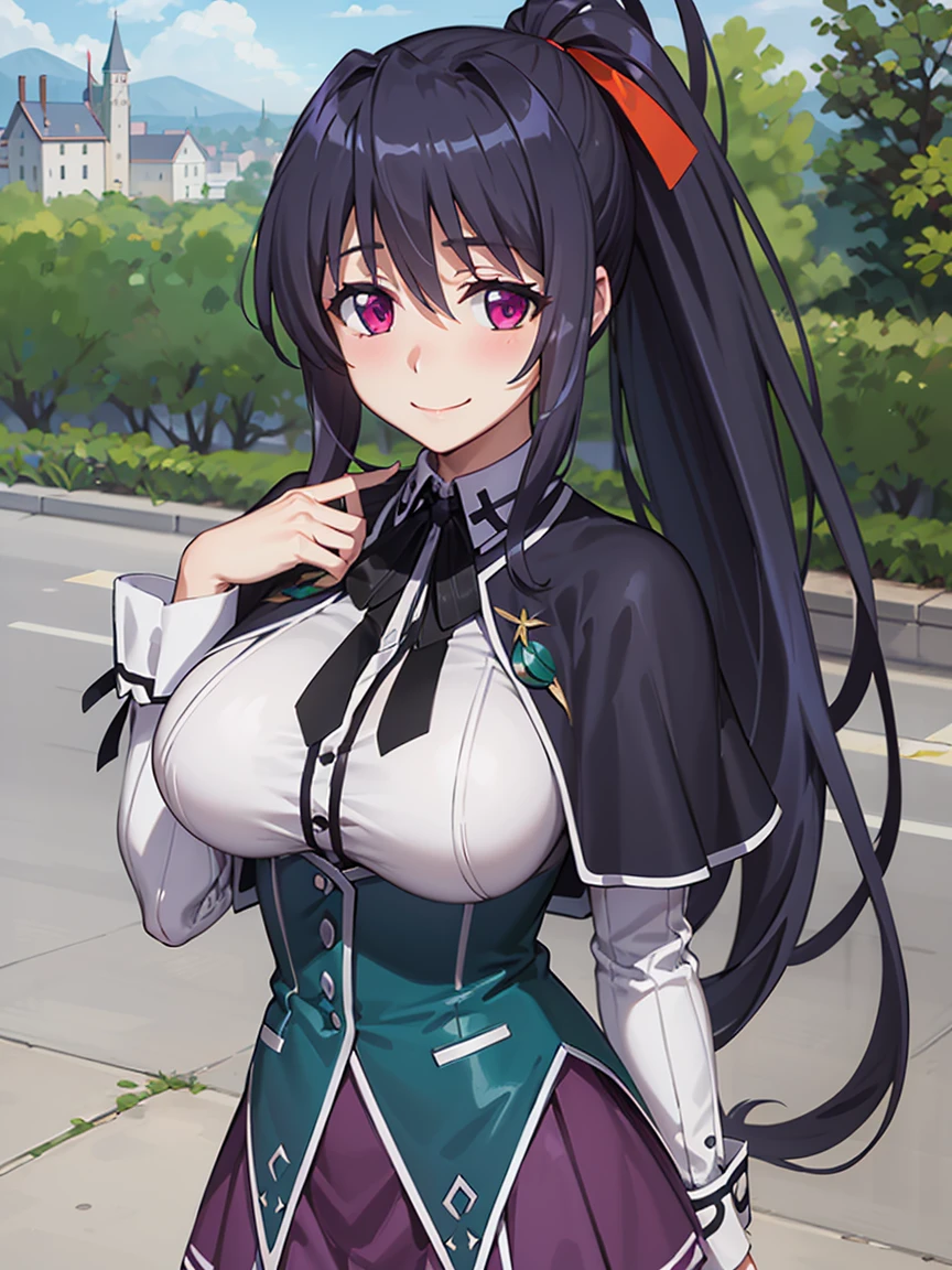 best quality, masterpiece, detailed,
HimejimaAkeno, 1girl, closed mouth, smile, blush, black hair, long hair, purple eyes, ponytail, red ribbon,
, striped shirt, neck ribbon, black ribbon, black corset, purple skirt, large breasts, capelet,
standing, looking at viewer,
outdoors, castle