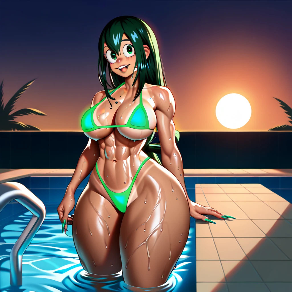 Tsuyu, tan, tanlines, dark skin, multiple horns, wide hips, big hips, thick hips, ample hips, broad hips, massive hips, slim waist, thin waist, narrow waist, small waist, slender waist, slendered abs, long legs, toned body, big breasts, thick thighs, big thighs, round thighs, massive thighs, muscular calves, long green hair, long green eyes, thick lips, oozing sensuality, sexy without trying, glowing bikini, sunset, pool, sea, wet, wet skin, wet hair, sweaty, reflections on body, unexpected photo, foreshortening, perspective, long nails, long claws, fangs, side view, resting her arms on edge of the pool, twilight, night, dynamic, mid movement, mid action