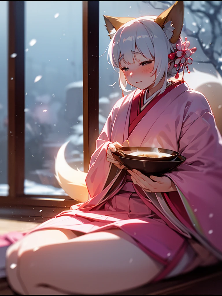 (Sumilux f1.4 50mm , low Latitude old color negative film , cross process , bokeh, flare, chromatic aberration , soft focus, (Shallow focus) , soft glow , Maximum aperture, High Key , Transparent depiction)  , kawaii hentai anime , Japanese Heian period , Royal girl, fox ear , (round Maro eyebrows) , kimono, sitting , (Peony flowers blooming:0.8) , closeup face , Snow is falling , steamy breath , with Biwa hōshi , Drinking cloudy white sake from a sake cup