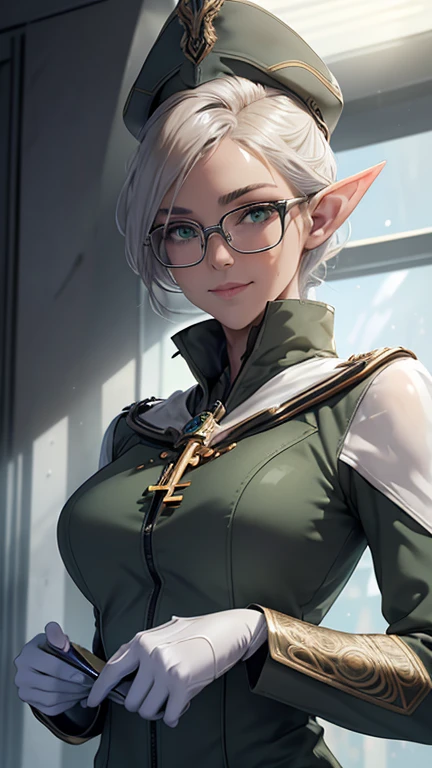 masterpiece, Highest quality, Highly detailed CG Unity 8K wallpapers,((whole body)), ((Development room inside the spaceship)), ((Long pointy ears)), Platinum blonde hair in an elegant updo, ((Average chest size, Self-illuminating skin)), ((Gray military uniform on a white background, short hat: 1.2)), (Sweaty, wet white skin), (Glasses-type scanning device, Tablet terminal), (blush), , (Captivating smile), (Intelligent and elegant look), Symmetrical face, Detailed green eye, Key Art, Awards, intricate detail realism hdr, Photorealism, Hyperrealism, Ultra-realistic, Dramatic Light, Strong Shadows, Nice views, Written boundary depth
